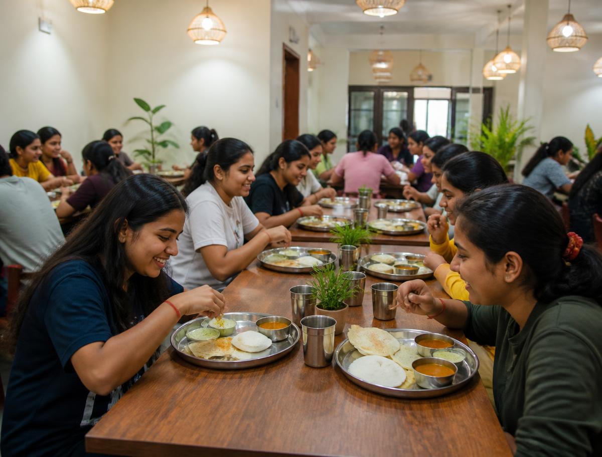 Residents having a fresh South Indian vegetarian meal in the hygienic dining hall of LE KOSMO LIVING women's hostel in Ambattur