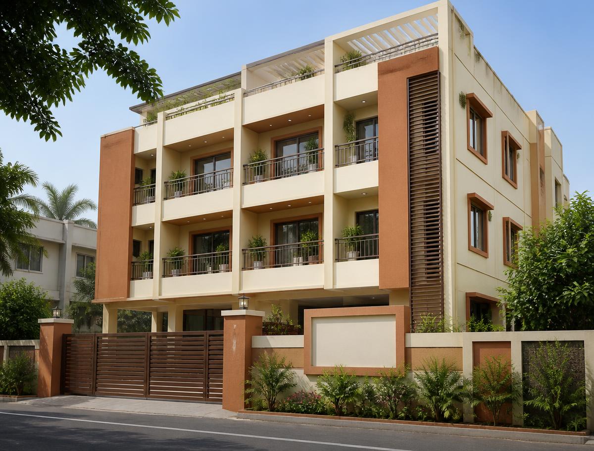 Exterior view of LE KOSMO LIVING ladies hostel building in KSR Nagar, Ambattur Industrial Estate, Chennai