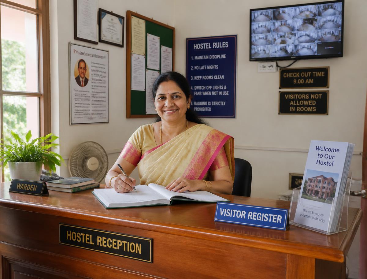 Reception desk with warden, visitor register and CCTV monitor at LE KOSMO LIVING safe ladies hostel in Ambattur